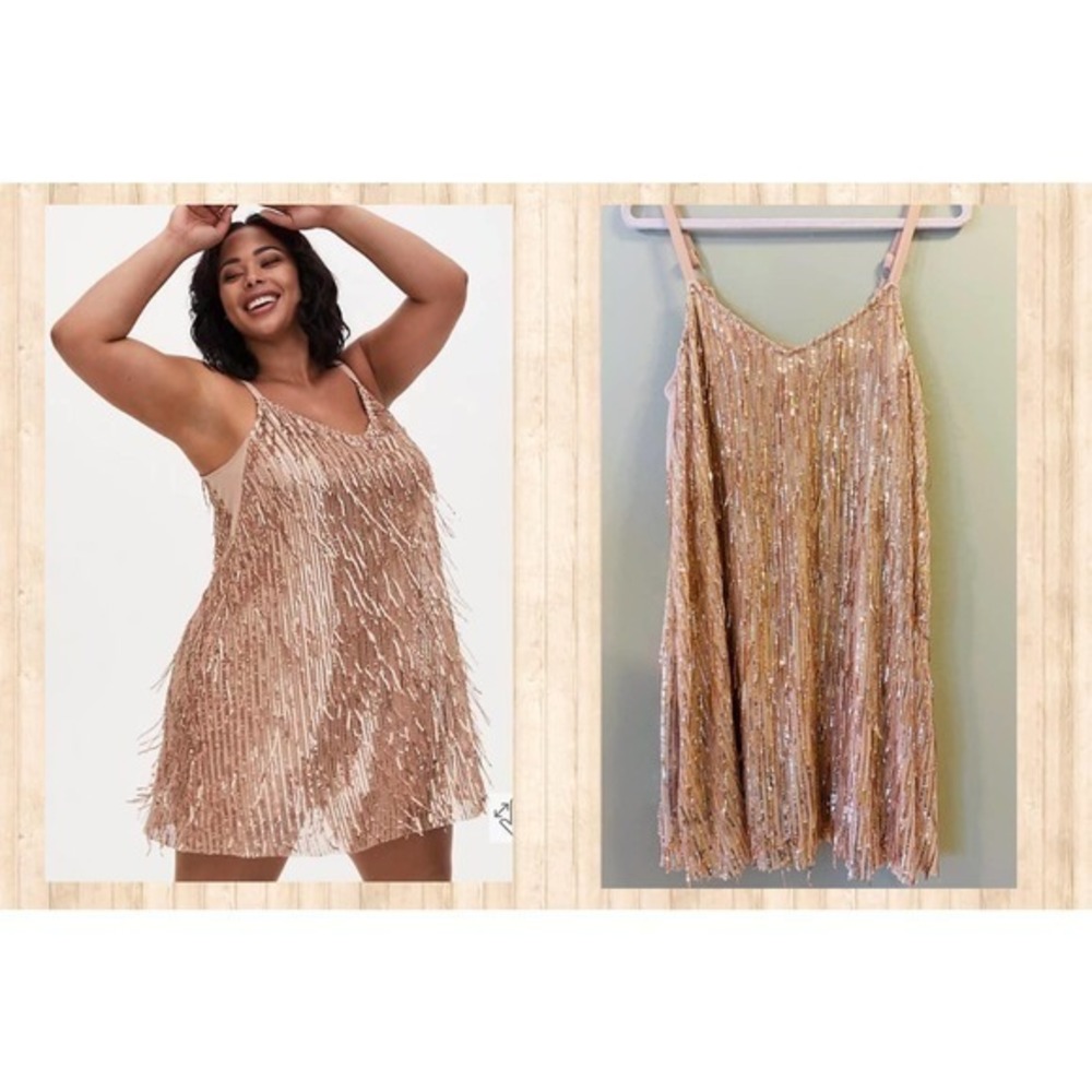New Torrid 00 (like size M/L, size 10) Gold Shimmer Fringe Party Cocktail Dress‎